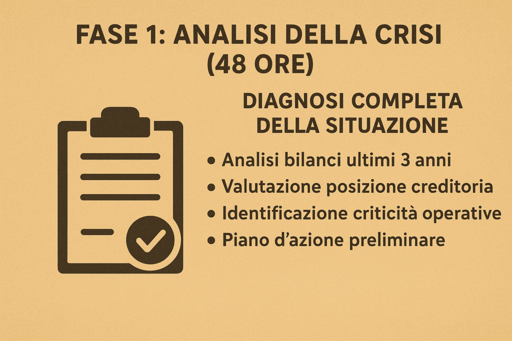 ## Fase 1: Analisi della Crisi (48 ore)
**"DIAGNOSI COMPLETA DELLA SITUAZIONE"**
*   Analisi bilanci ultimi 3 anni
    
*   Valutazione posizione creditoria
    
*   Identificazione criticità operative
    
*   Piano d'azione preliminare