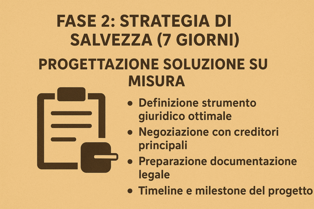 Fase 2: Strategia di Salvezza (7 giorni)
"PROGETTAZIONE SOLUZIONE SU MISURA"
Definizione strumento giuridico ottimale
Negoziazione con creditori principali
Preparazione documentazione legale
Timeline e milestone del progetto