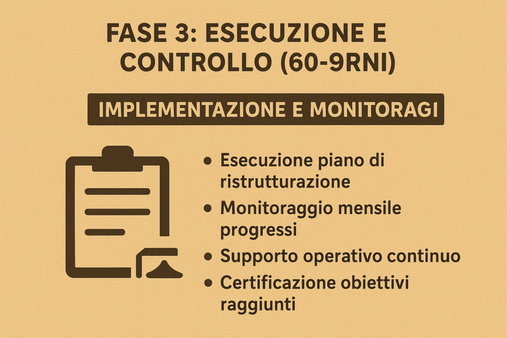 Fase 3: Esecuzione e Controllo (60-90 giorni)
"IMPLEMENTAZIONE E MONITORAGGIO"
Esecuzione piano di ristrutturazione
Monitoraggio mensile progressi
Supporto operativo continuo
Certificazione obiettivi raggiunti