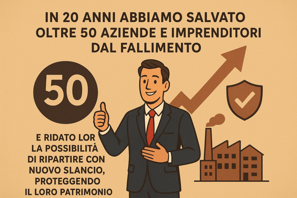in 20 anni abbiamo salvato oltre 50 aziende e imprenditori dal fallimento e ridato loro la possibilitò di riparti con nuovo slancio, proteggendo il loro patrimonio.
