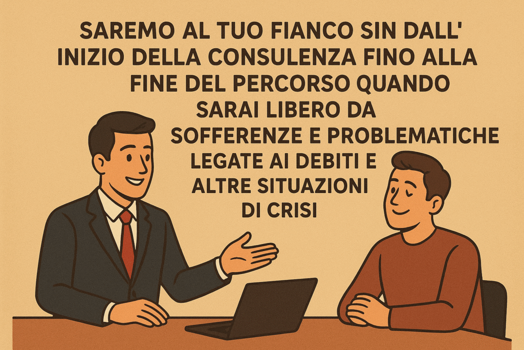 Saremo al tuo fianco sin dall'inizio della consulenza fino alla fine del percorso quando sarai libero da sofferenze e problematiche legate ai debiti e altre situazioni di crisi